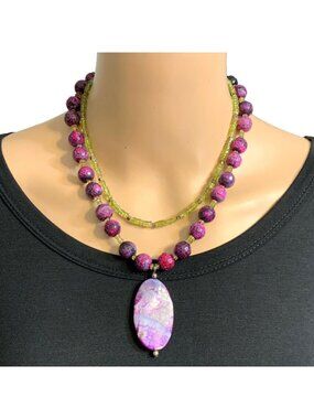 Beaded Necklace Natual Stone Pendant Purple Green Double Layered